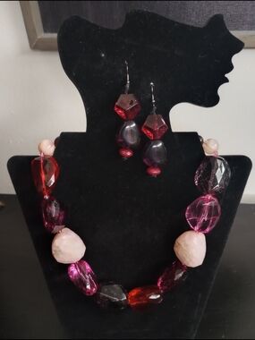 Pink & Red Beaded Statement Necklace and Earrings Set
